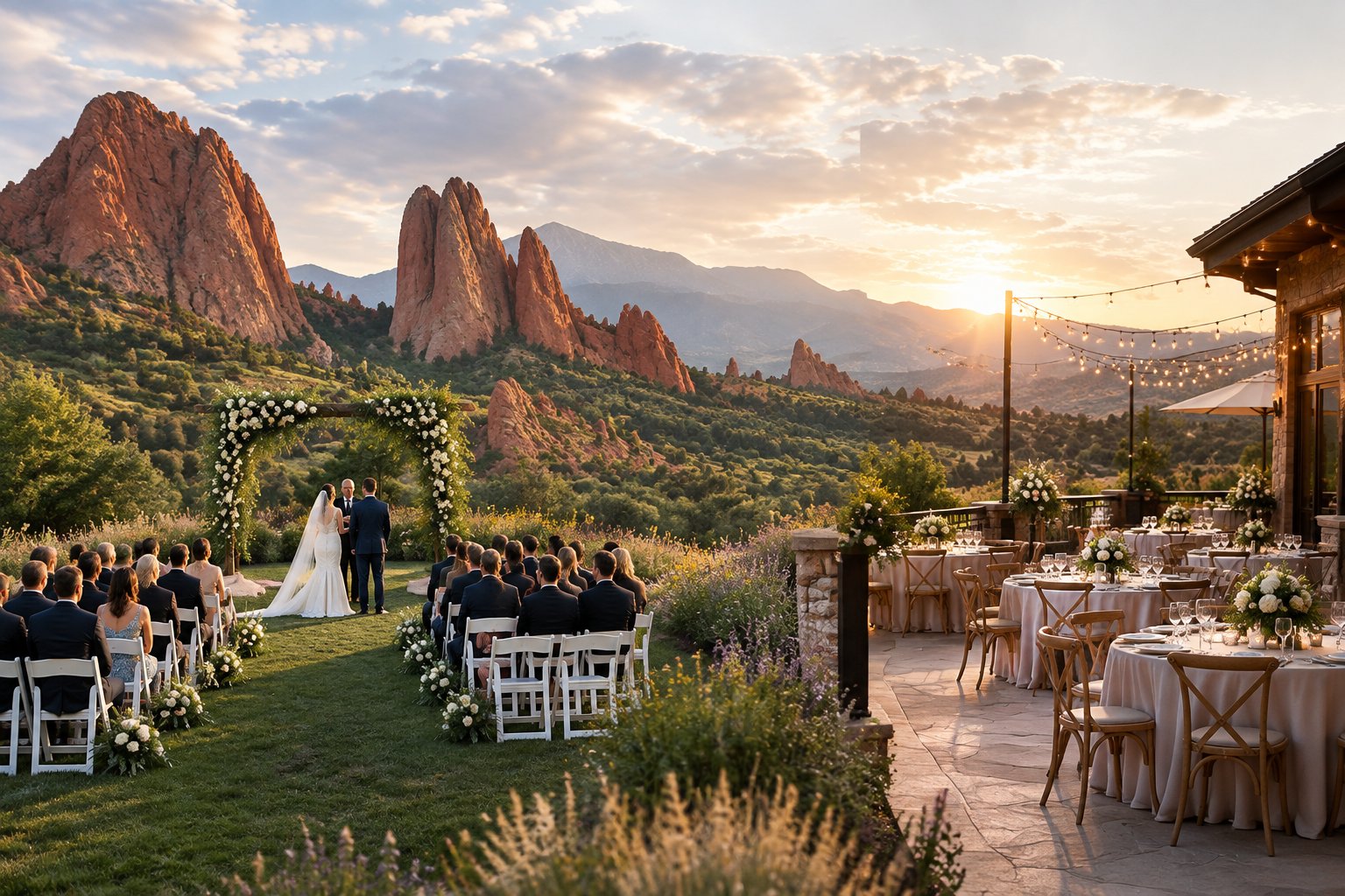 An elegant outdoor wedding ceremony and resort reception setting with red rock formations in the background.