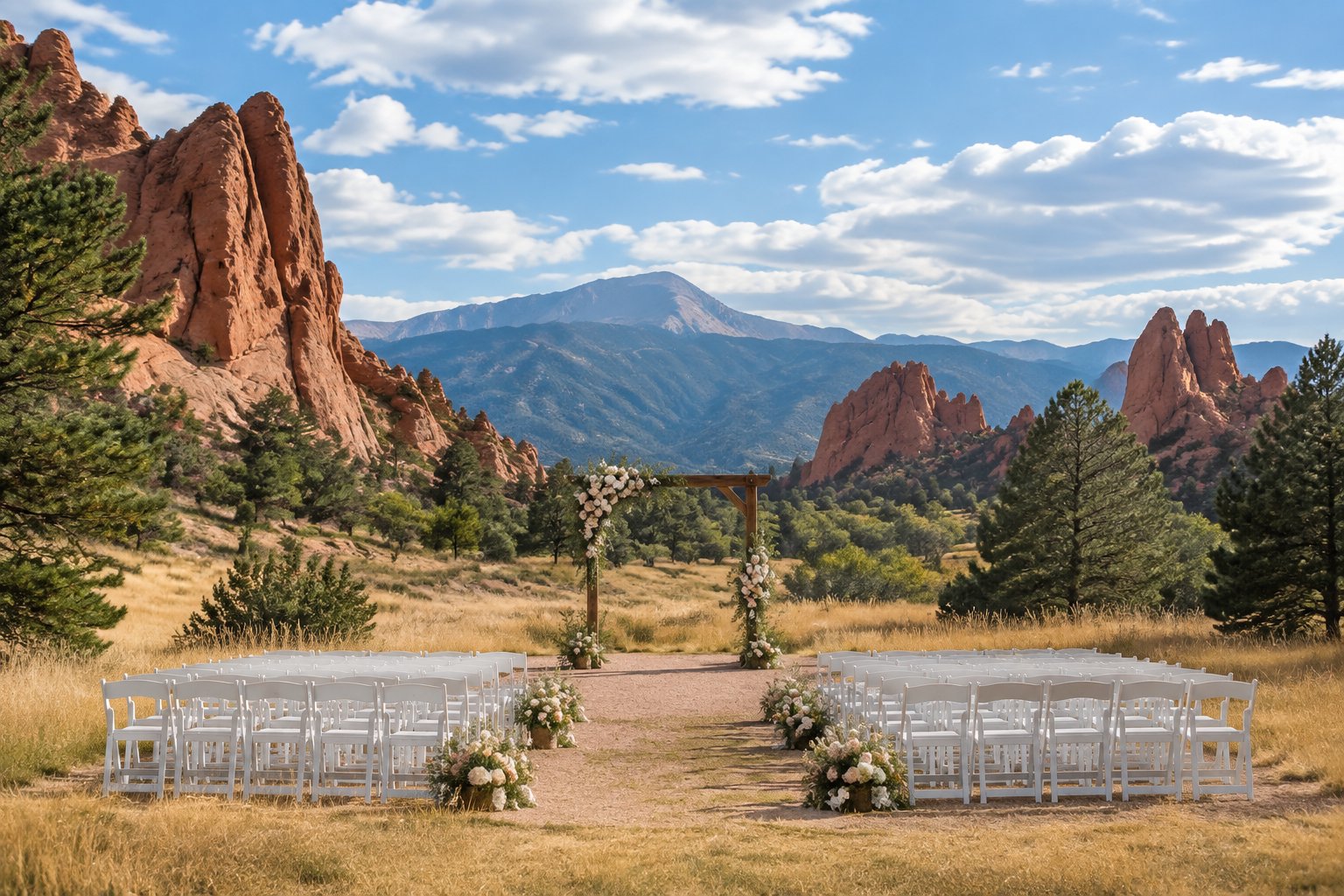 An outdoor wedding ceremony setup in a park surrounded by red rock formations, grasses, trees, and mountains.