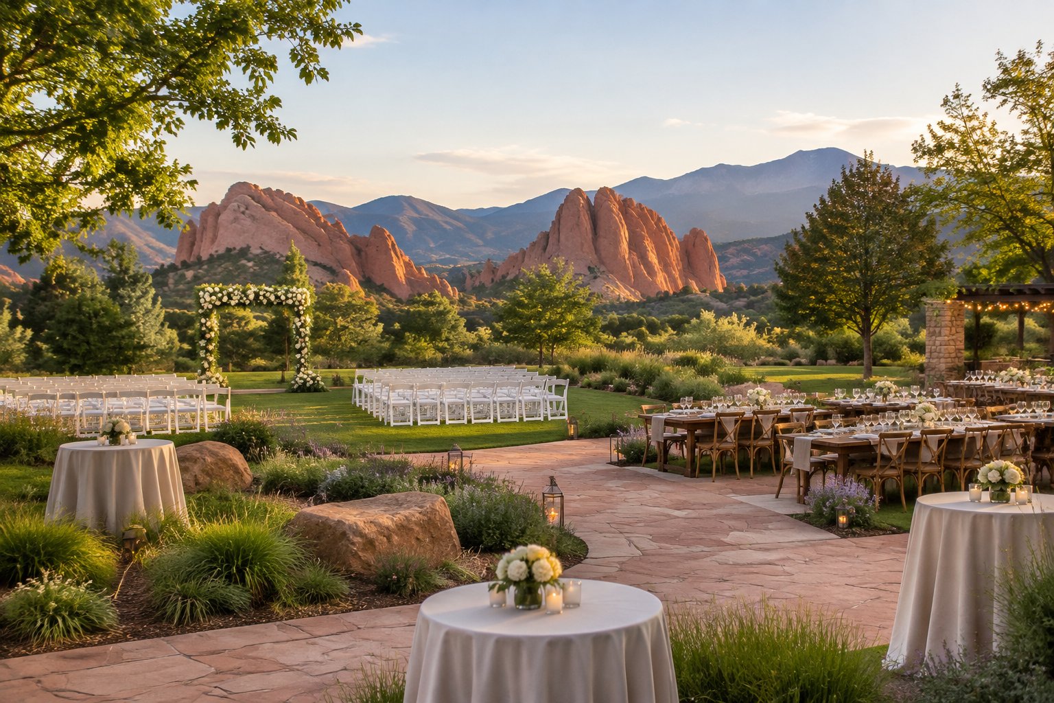 An elegant outdoor resort wedding venue with decorated ceremony chairs, reception tables, gardens, and red rock formations in the background.