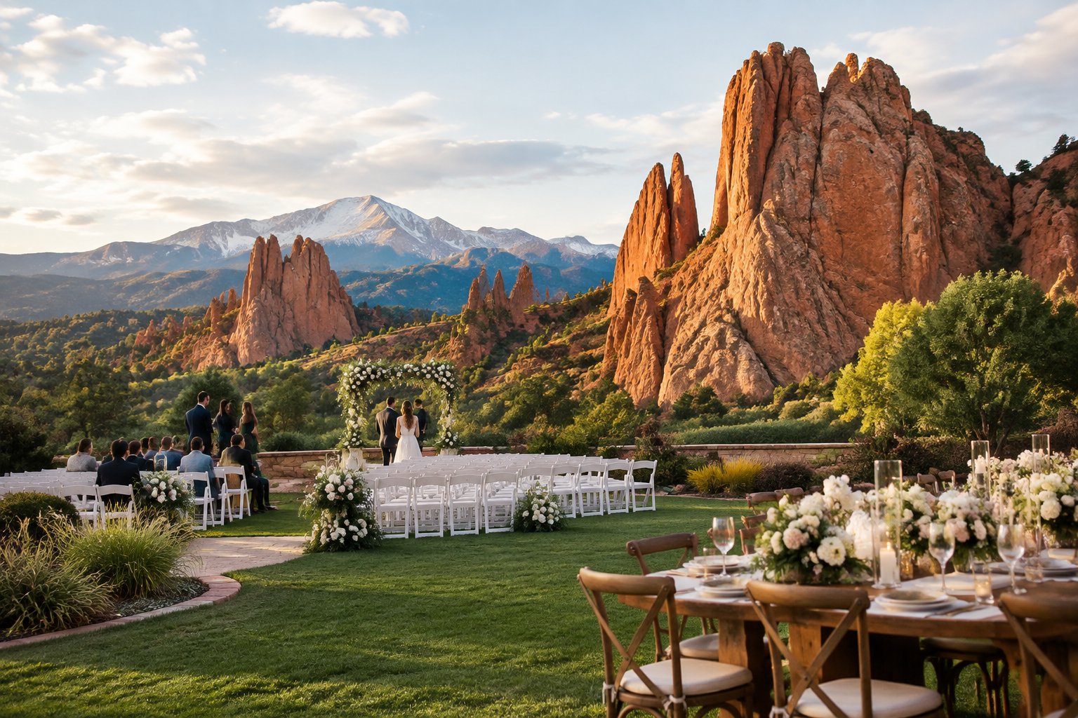 Outdoor wedding ceremony setup on a lawn with red rock formations in the background.