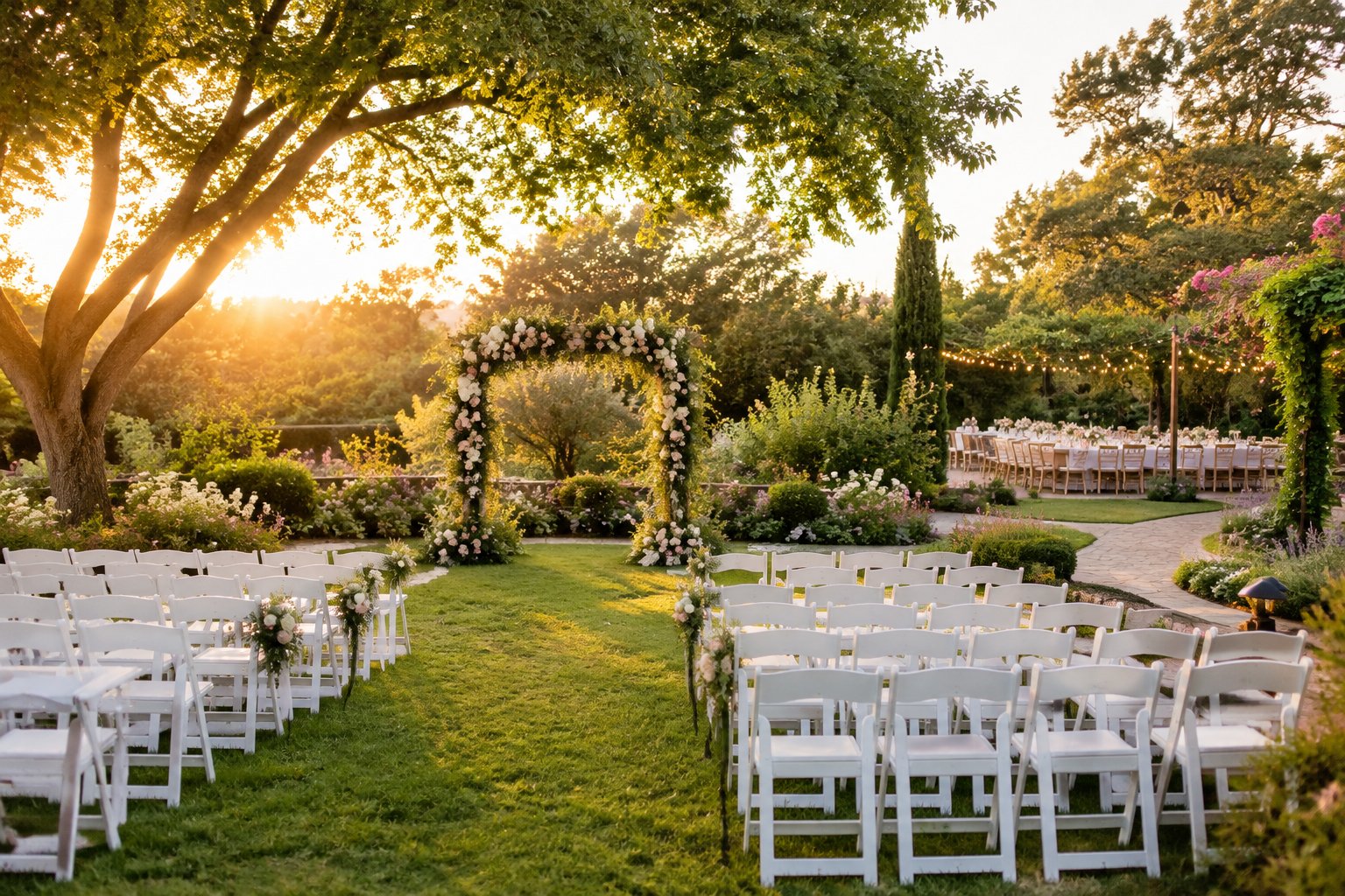 An elegant wedding ceremony setup in a lush garden with a floral arch, white chairs, and decorated reception tables.