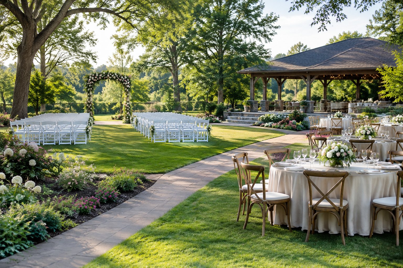 An elegant garden wedding venue with flower beds, ceremony chairs, a floral arch, and decorated reception tables surrounded by trees and lawns.