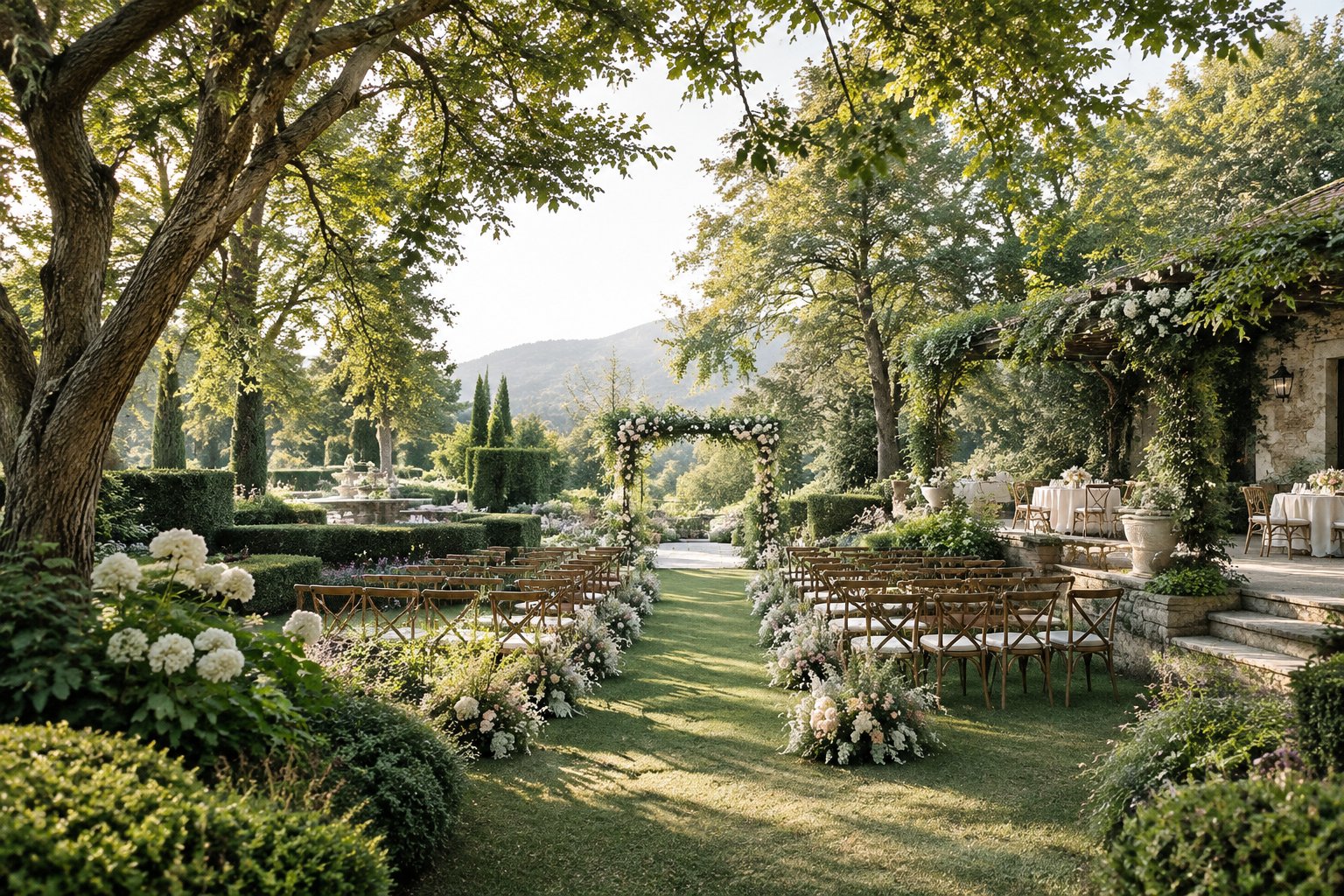 An elegant outdoor wedding ceremony in a lush garden with flowering plants, trees, pathways, and a floral arch.
