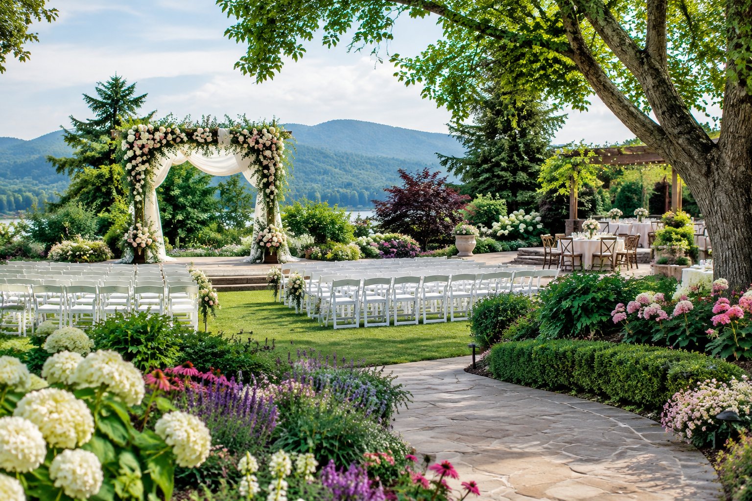 A lush landscaped garden wedding venue with colorful flowers, white ceremony chairs, and a floral arbor.