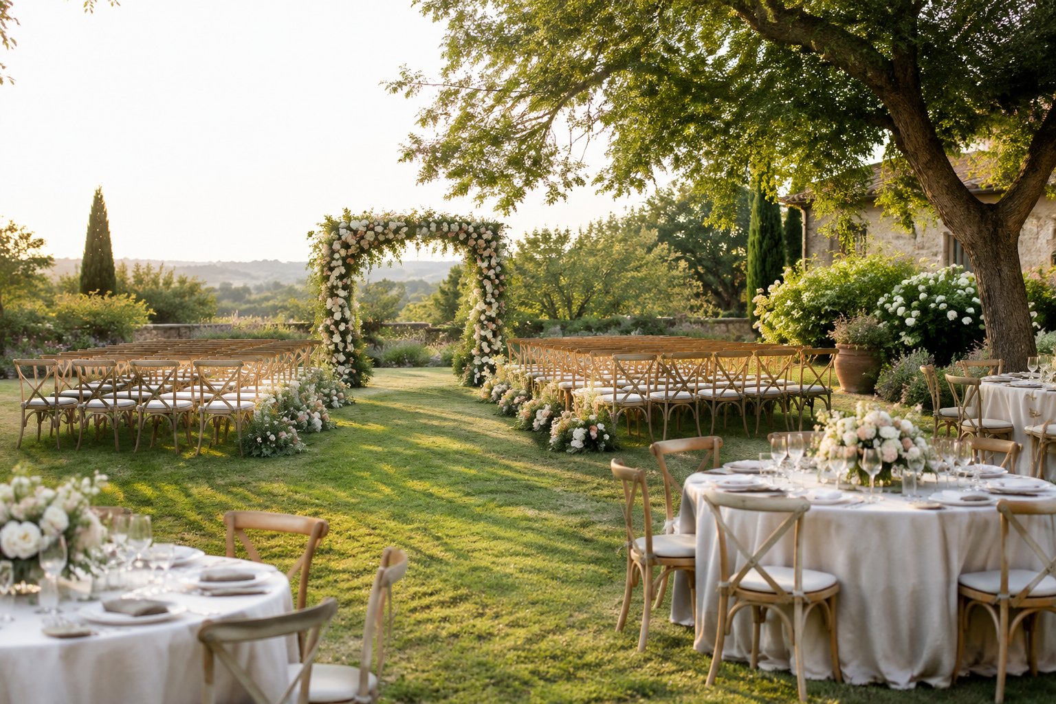 An elegant garden wedding ceremony and reception area surrounded by lush greenery and flowers.