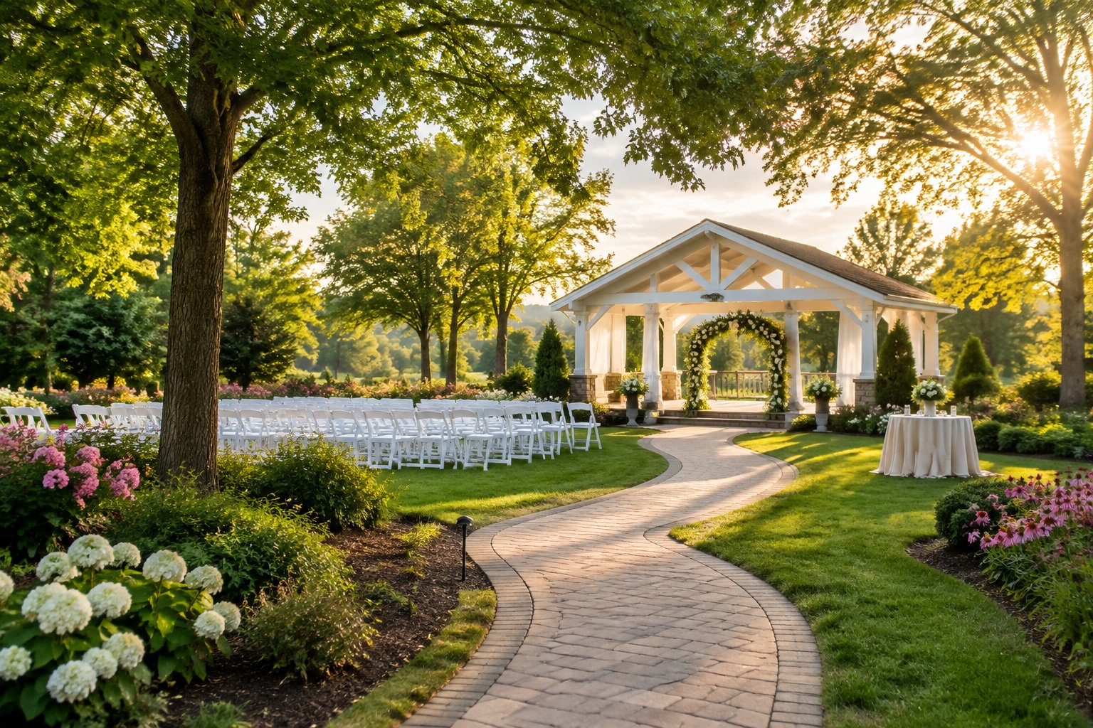 A landscaped garden wedding venue with white chairs, a floral arch, and a reception table beneath mature trees.
