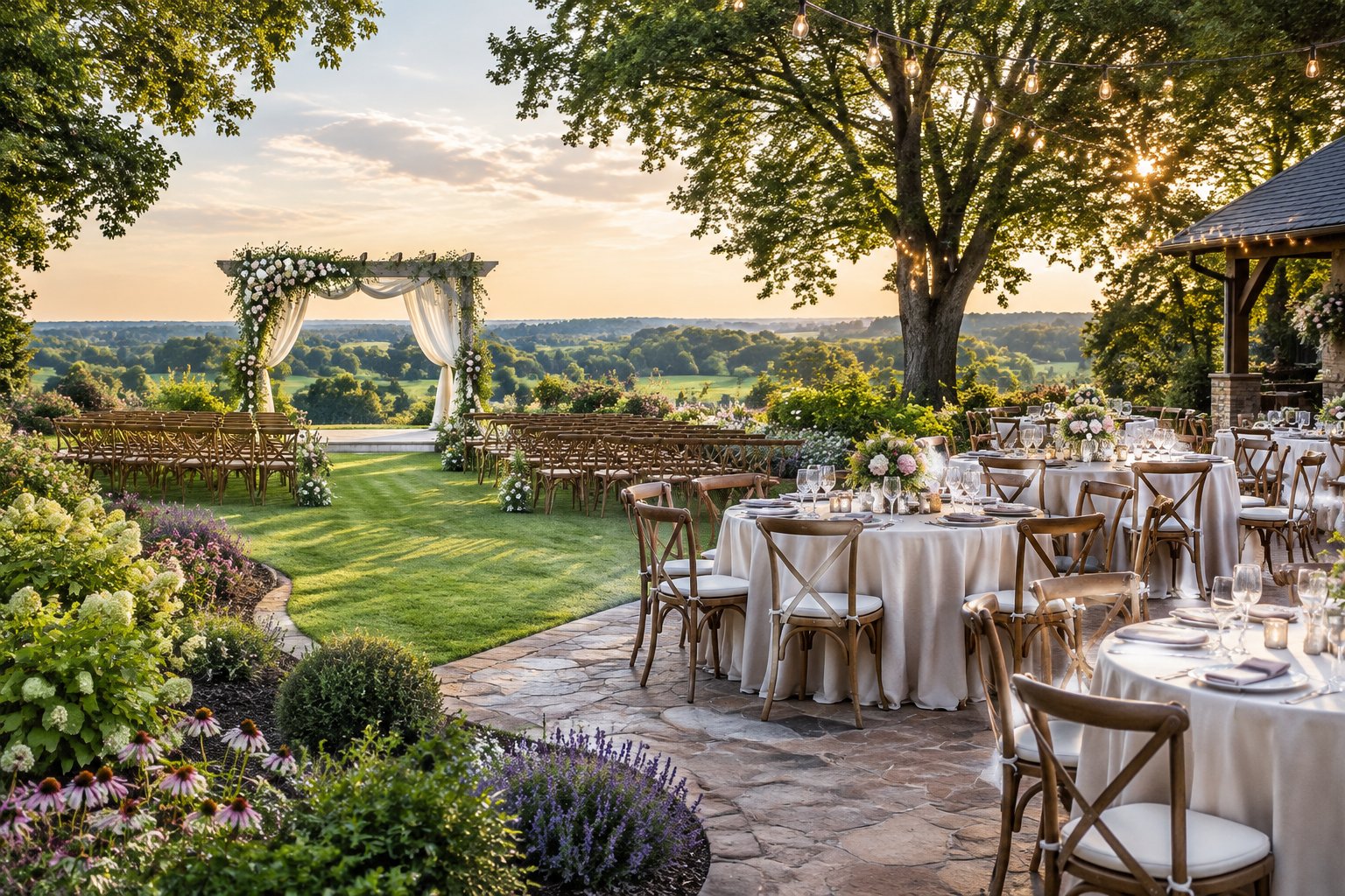 Outdoor garden wedding venue with a flower-decorated ceremony arbor, manicured lawns, and a reception area surrounded by trees.