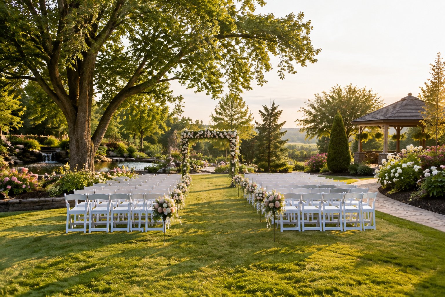 An outdoor wedding ceremony setup in a lush garden with white chairs and a floral arch.