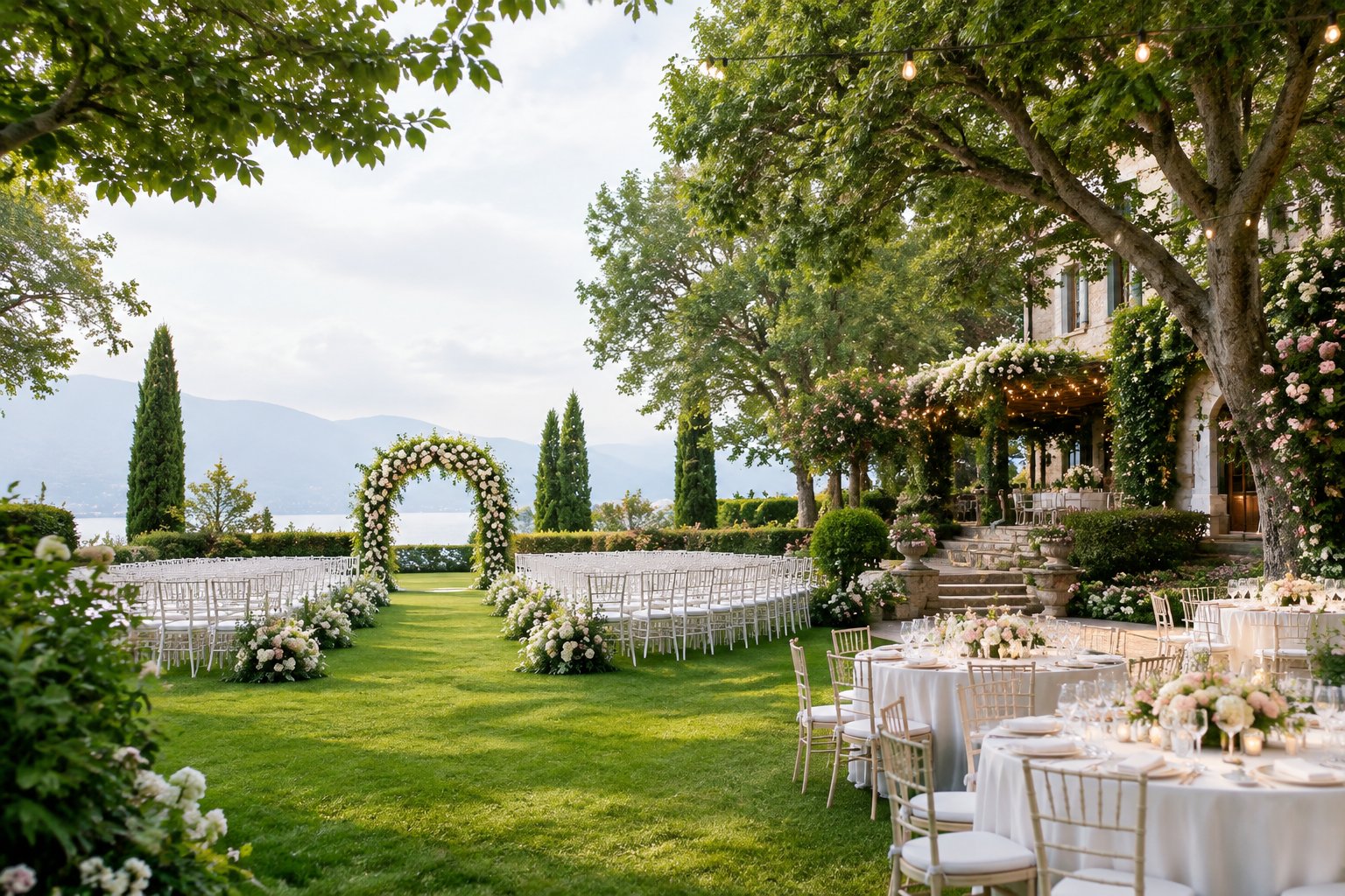 An elegant outdoor wedding venue surrounded by flowering gardens, with a floral arch, white chairs, and decorated reception tables.