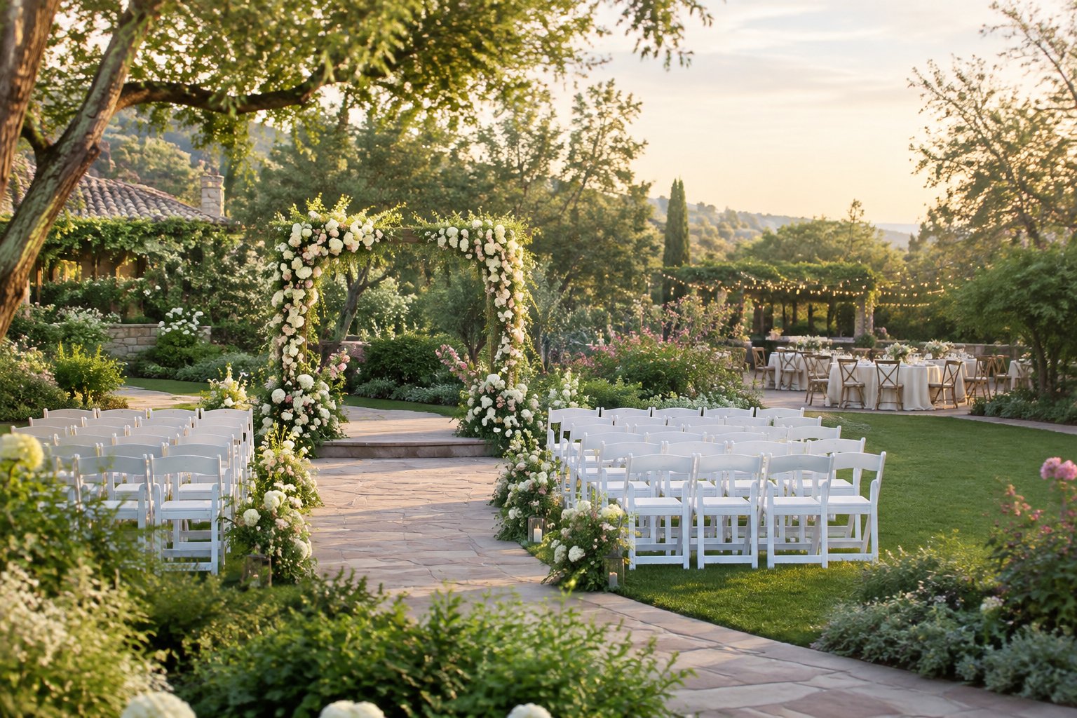 An elegant outdoor wedding ceremony area surrounded by lush gardens, flowers, trees, and decorated guest chairs.