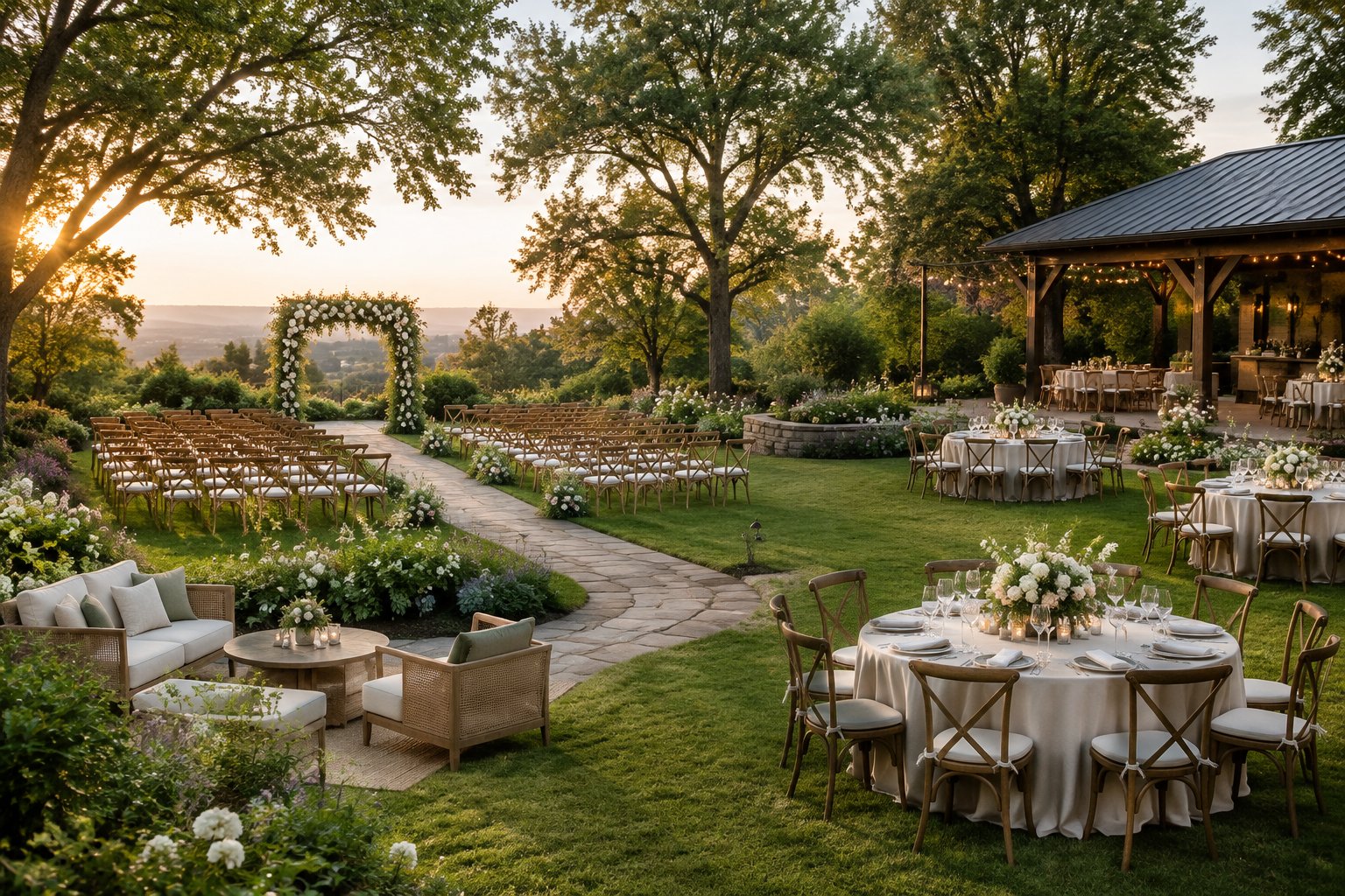 An elegant garden wedding venue with floral ceremony décor, guest seating, reception tables, and lush greenery.