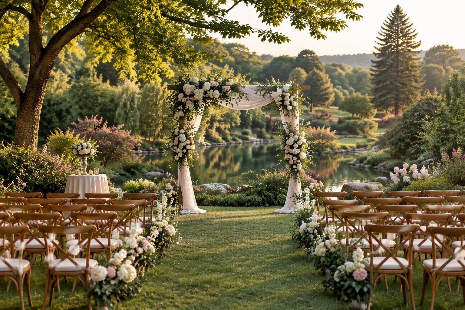 An elegant outdoor wedding ceremony arranged in a lush botanical garden beside a landscaped path and pond.