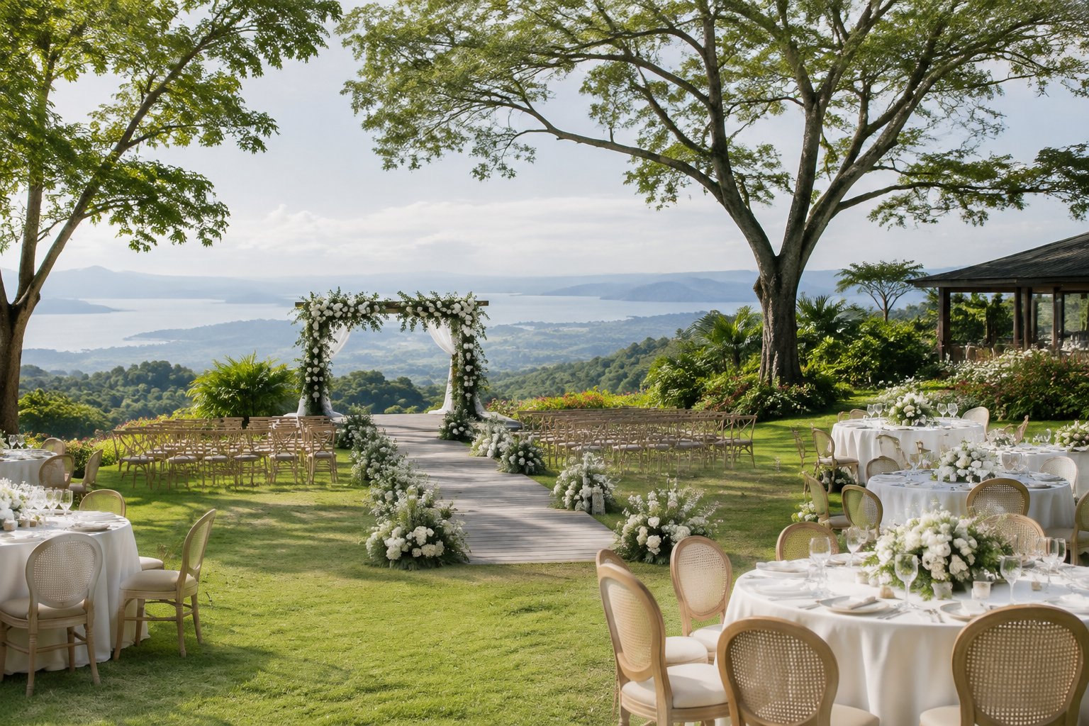 An elegant garden wedding venue with floral decorations, reception tables, and scenic hills in the background.