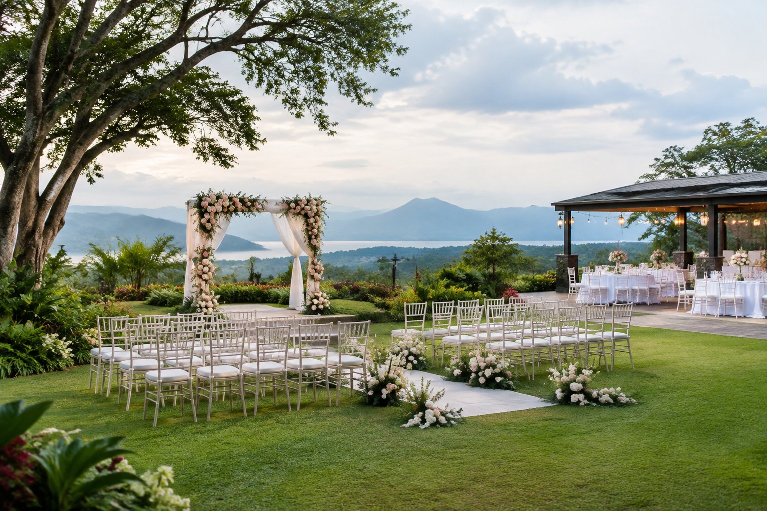 An elegant garden wedding venue in Tagaytay with a flower-decorated ceremony arch, guest chairs, landscaped greenery, and a distant mountain view.