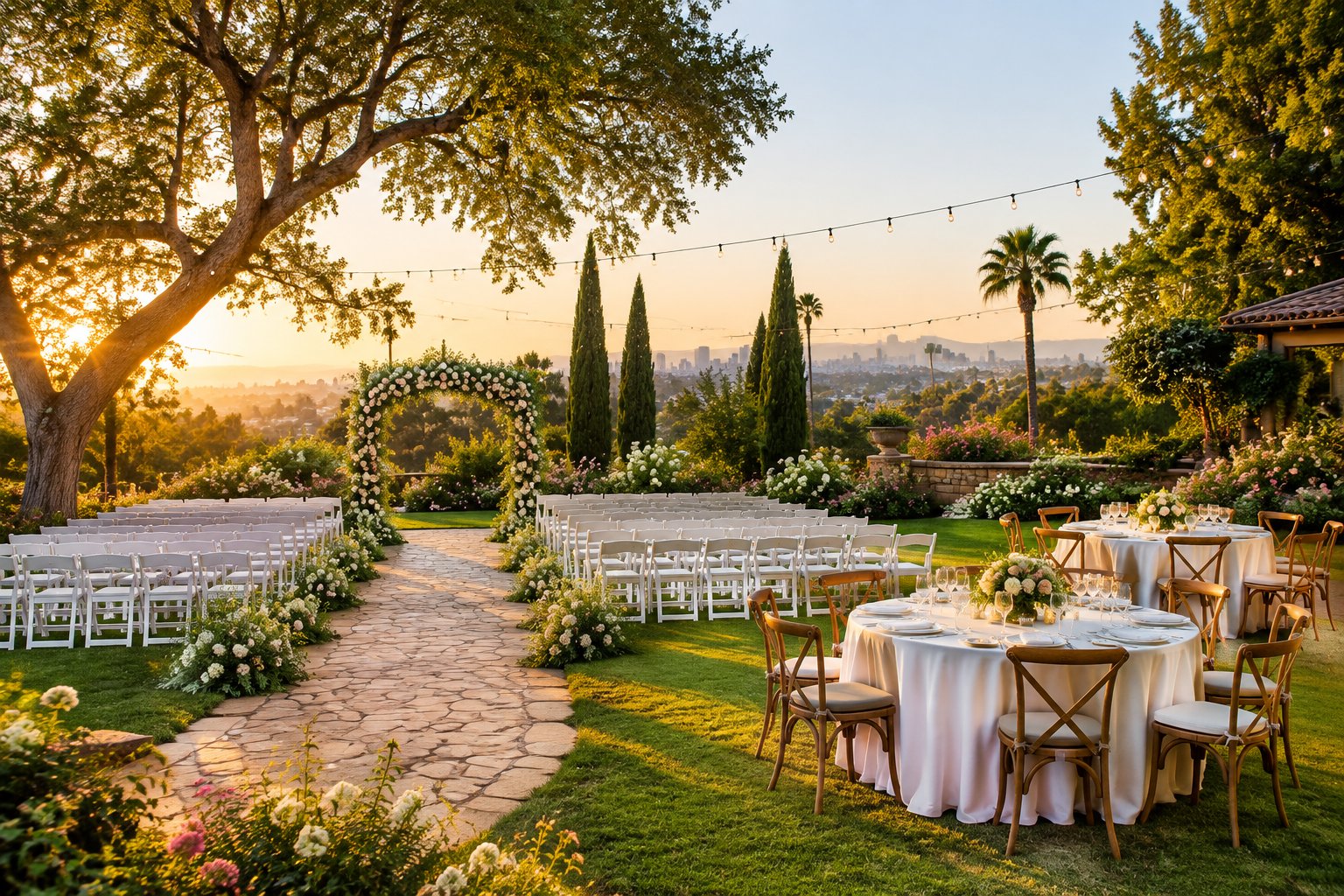 An elegant outdoor wedding ceremony setup in a lush Los Angeles garden with white chairs, flowers, and a decorated reception area.