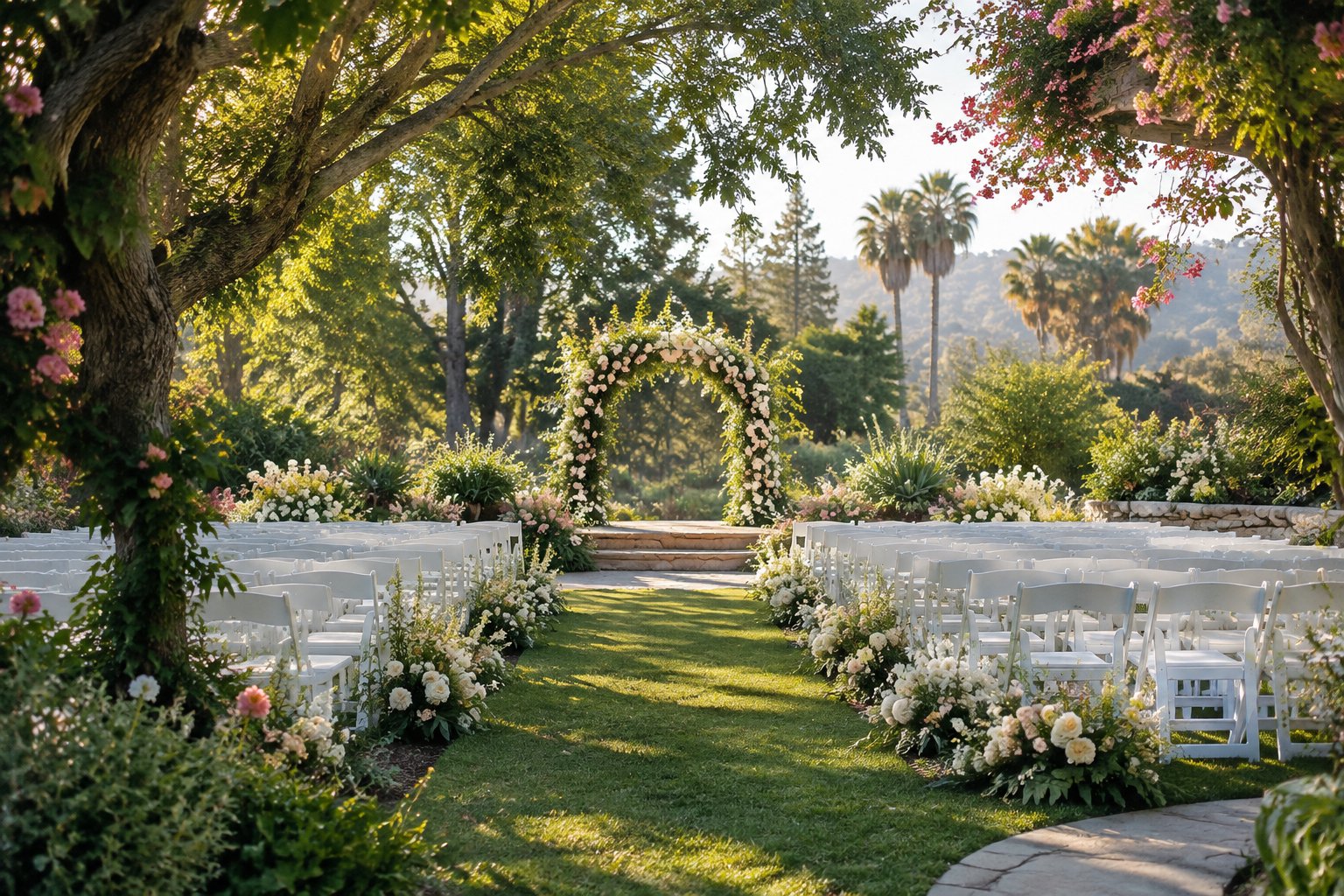 An elegant wedding ceremony setup in a lush botanical garden with floral arrangements, white chairs, and sunlight filtering through trees.