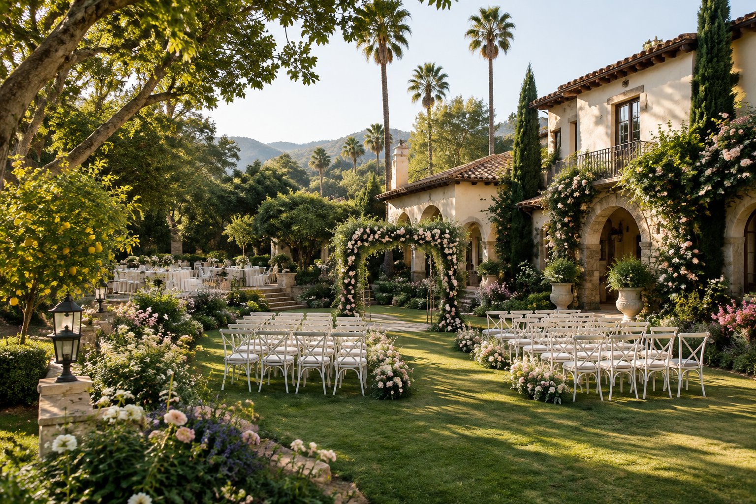 A secluded garden wedding venue beside a historic estate, surrounded by flowers, trees, and an outdoor ceremony setup.