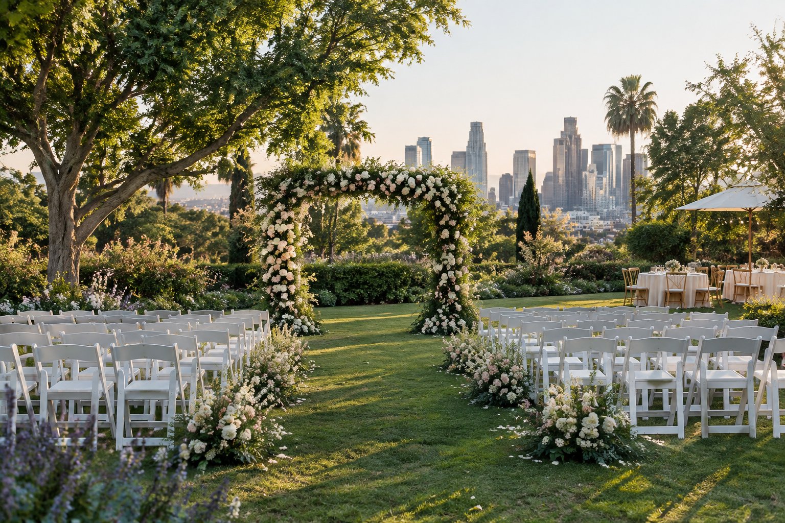 An elegant outdoor wedding ceremony in a lush garden with city buildings visible beyond the trees.