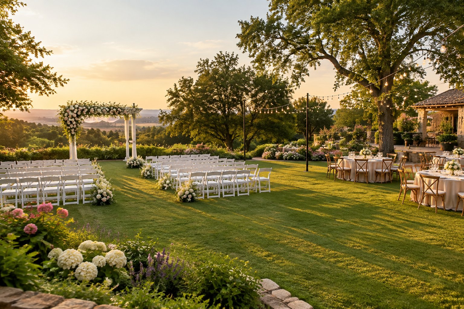 An elegant garden wedding venue with a flower-covered arbor, white chairs, reception tables, and lush greenery.