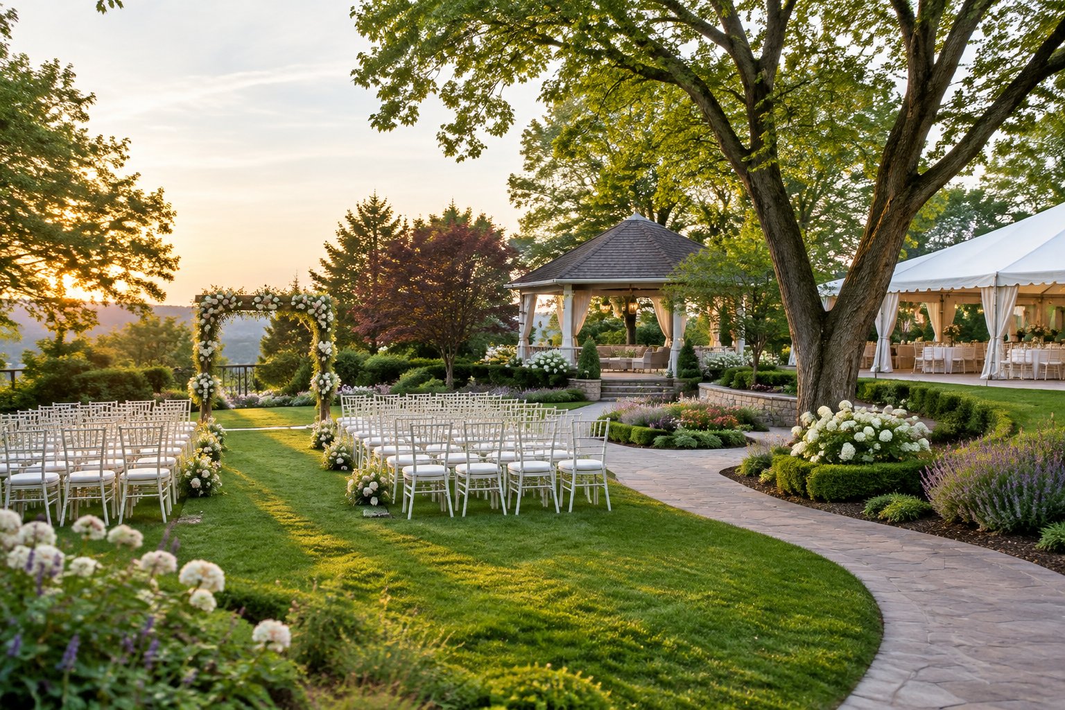 A landscaped garden wedding venue with a floral ceremony arch, rows of chairs, and an elegant reception area.