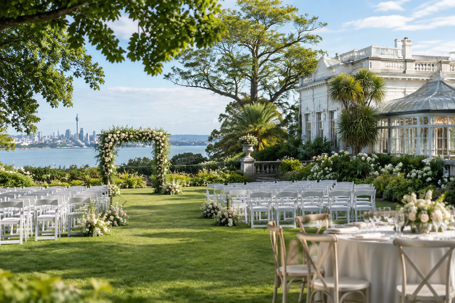 An elegant outdoor wedding ceremony setup in a lush landscaped garden with floral arrangements and a historic venue in the background.