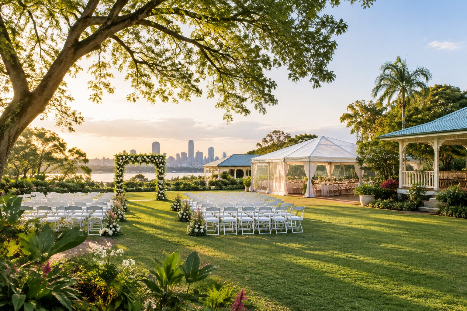 An elegant outdoor wedding ceremony setup in a lush subtropical garden with white chairs, floral decorations, and a pavilion.