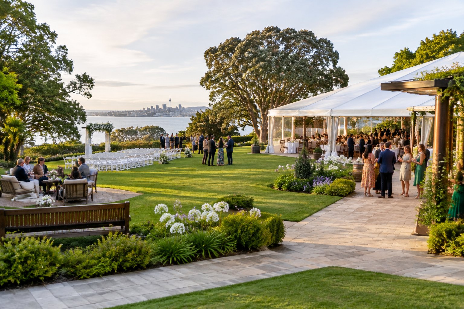 Guests enjoy a landscaped garden wedding venue with comfortable seating, clear pathways, and covered outdoor areas.