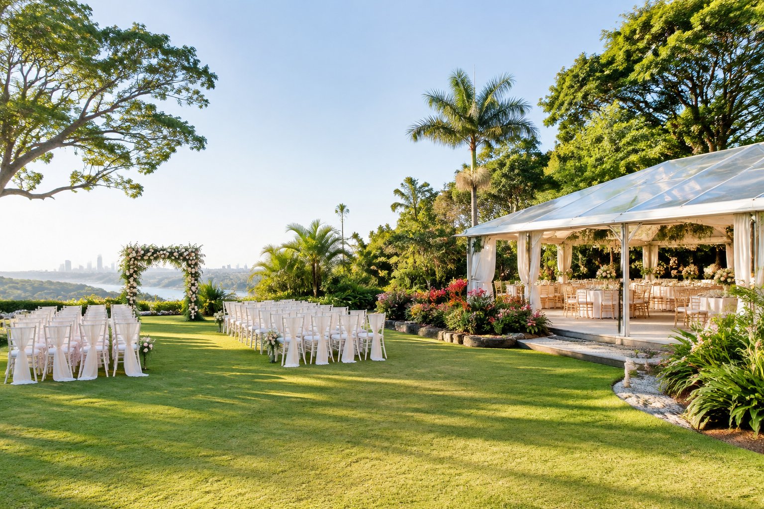 An elegant outdoor wedding ceremony and reception set in a lush garden.