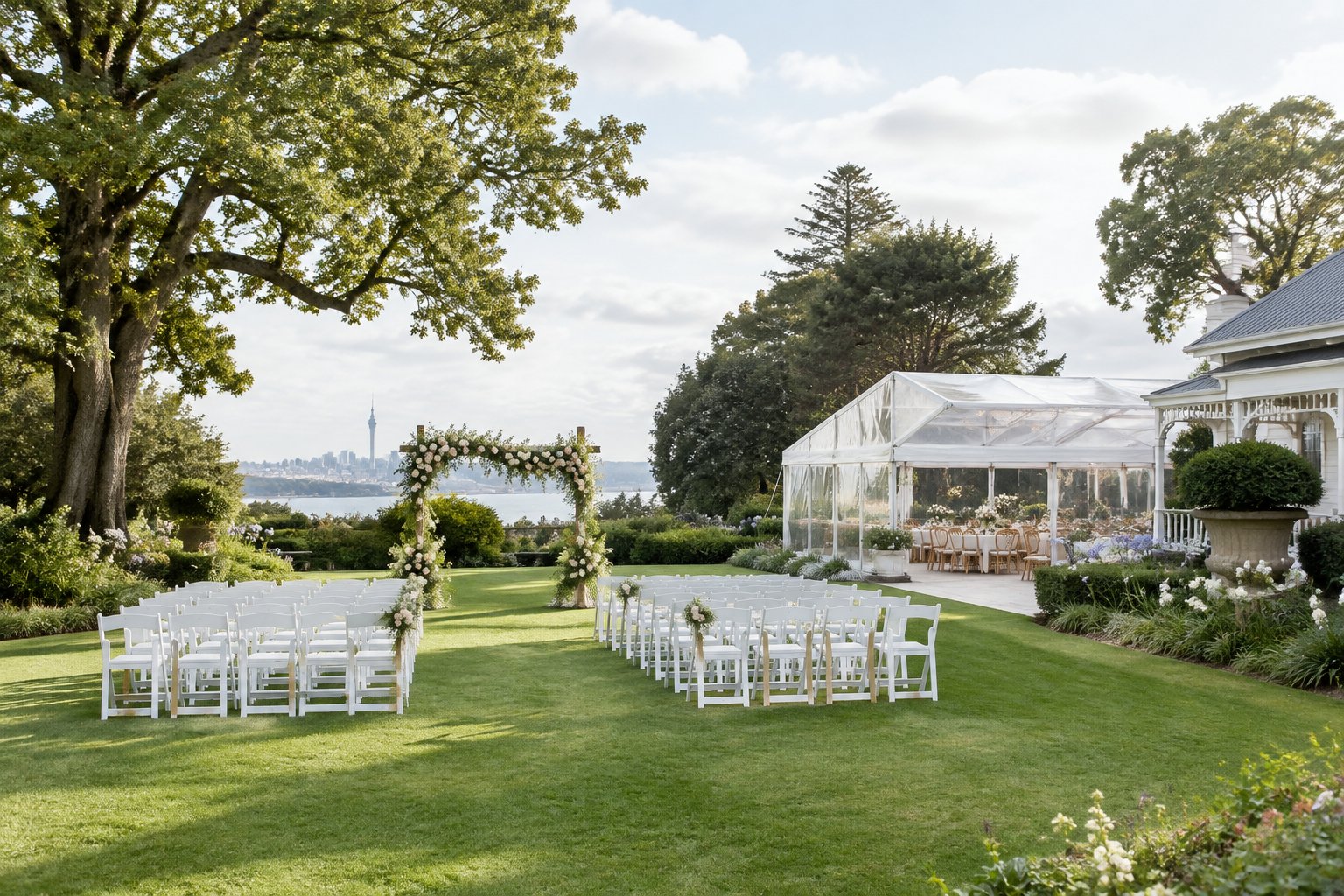 An elegant outdoor wedding ceremony set in a lush landscaped garden.
