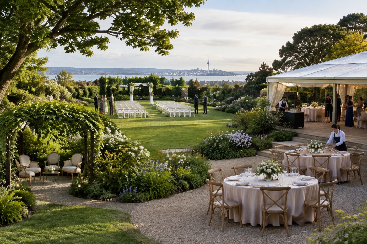 A landscaped Auckland garden wedding venue showing a large lawn, an intimate garden area, and a covered terrace set up for different wedding options.