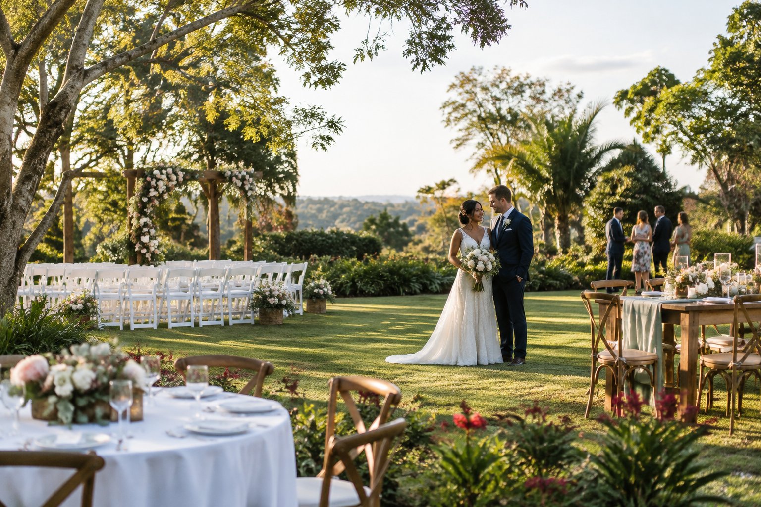 A couple stands in a landscaped garden wedding venue beside a floral ceremony arch, with chairs and reception tables arranged on the lawn.