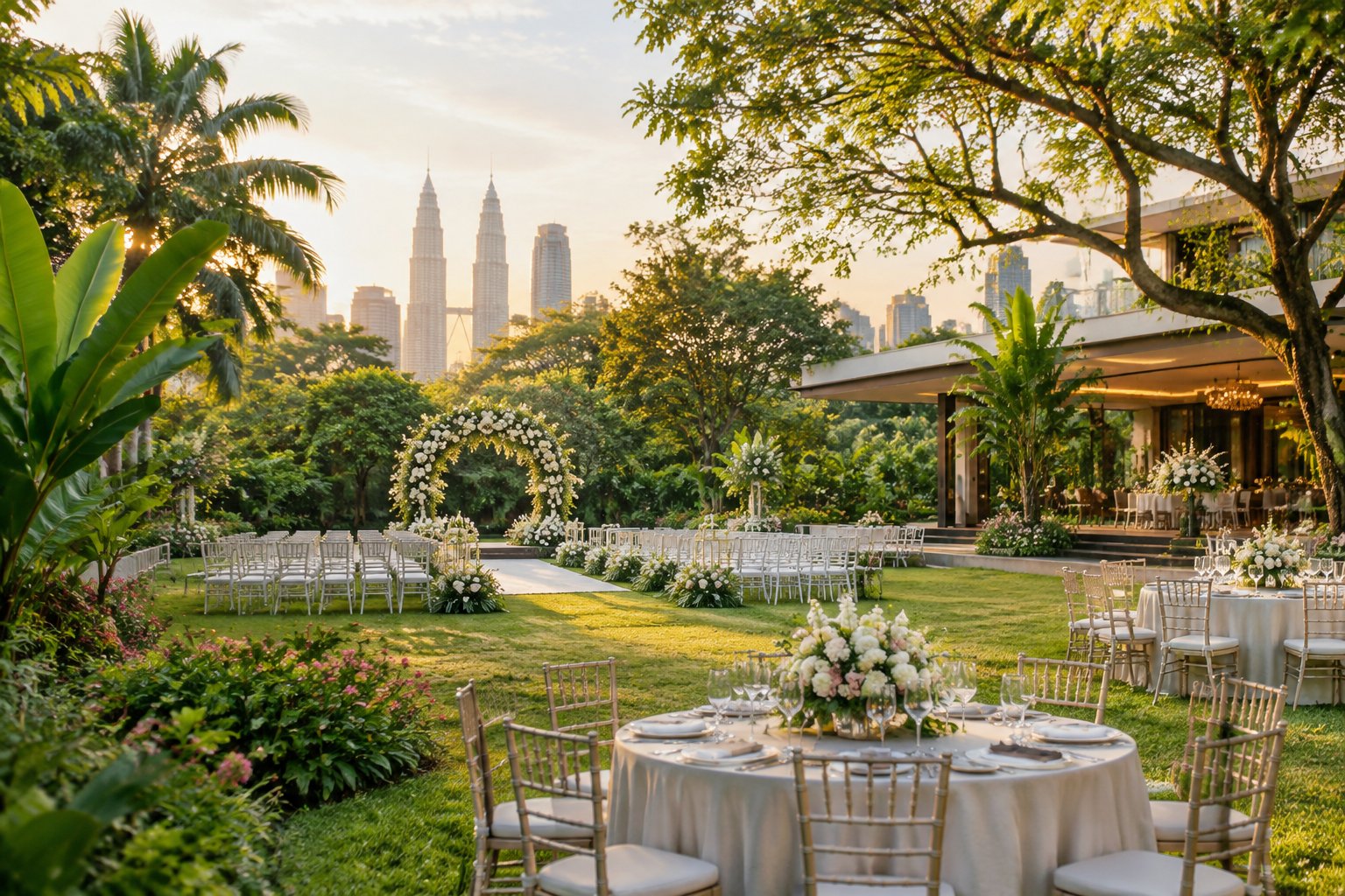 Elegant outdoor wedding ceremony and reception setup in a lush tropical garden.