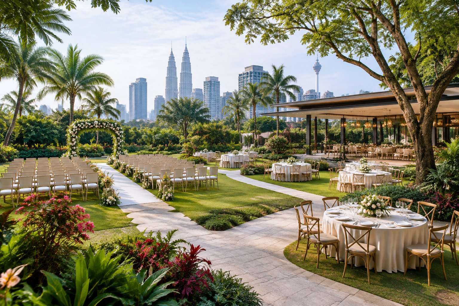 A spacious tropical garden wedding venue in Kuala Lumpur with arranged seating, reception tables, lush plants, and an urban skyline in the background.