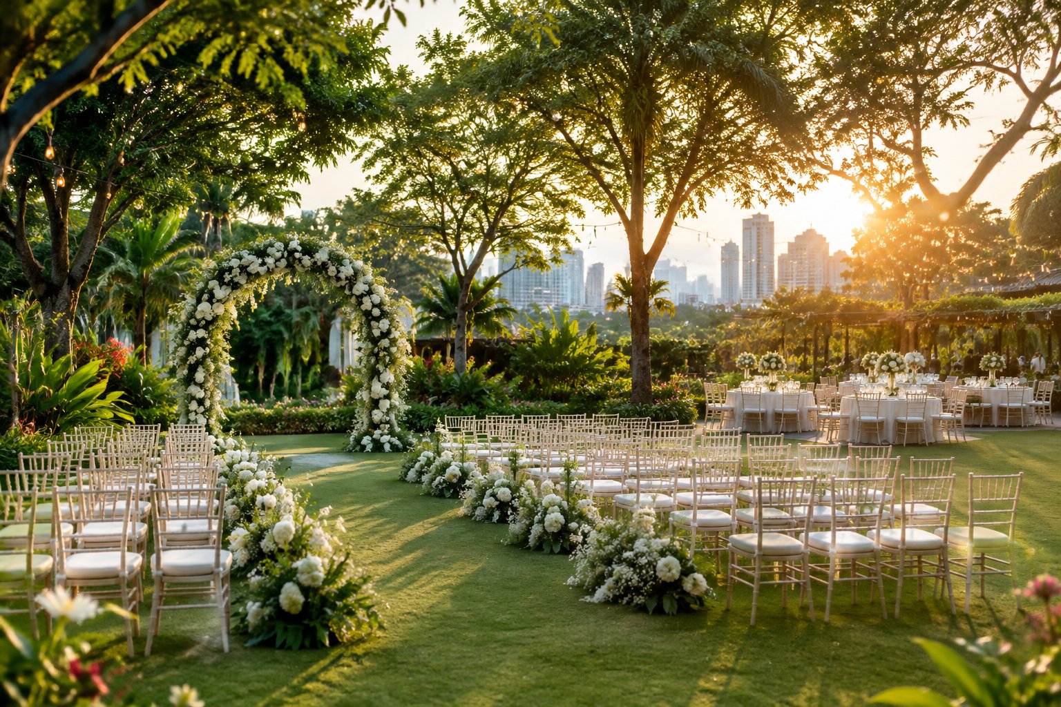 An elegant outdoor wedding ceremony arranged in a lush tropical garden with floral decorations, chairs, and warm string lights.