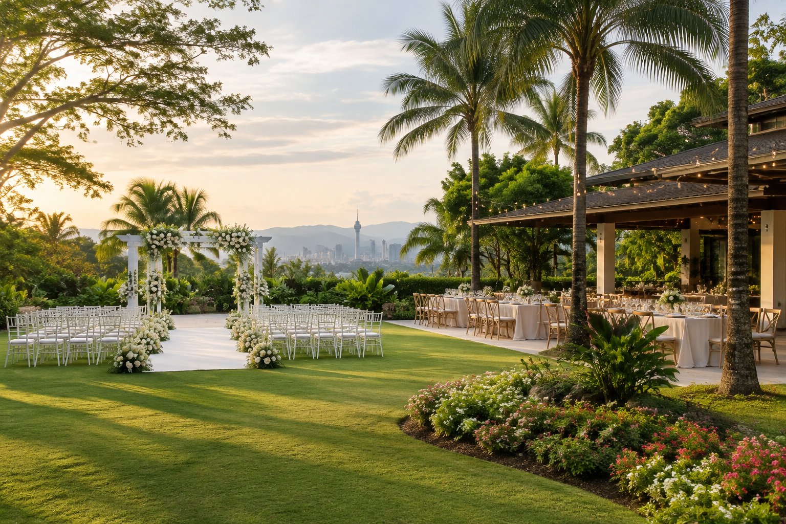 A lush tropical garden wedding venue with white ceremony chairs, a floral arch, and an elegant outdoor reception area.