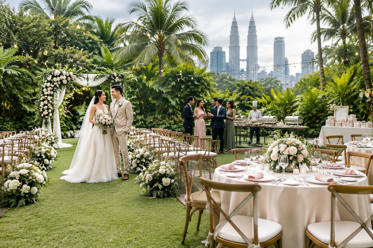 An elegant garden wedding ceremony and reception surrounded by lush tropical greenery.