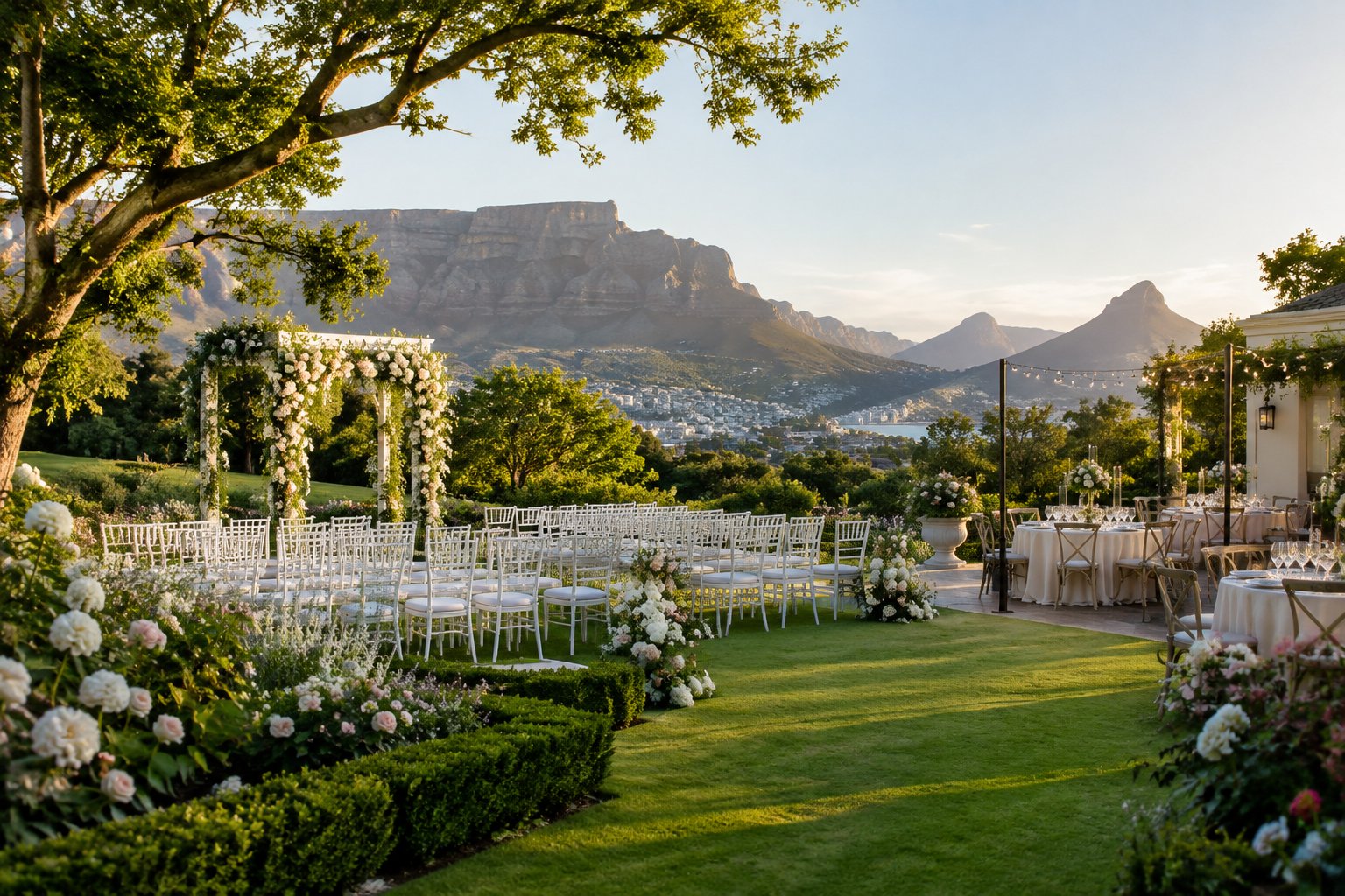 An elegant garden wedding venue with floral decorations, white chairs, and mountains in the background.