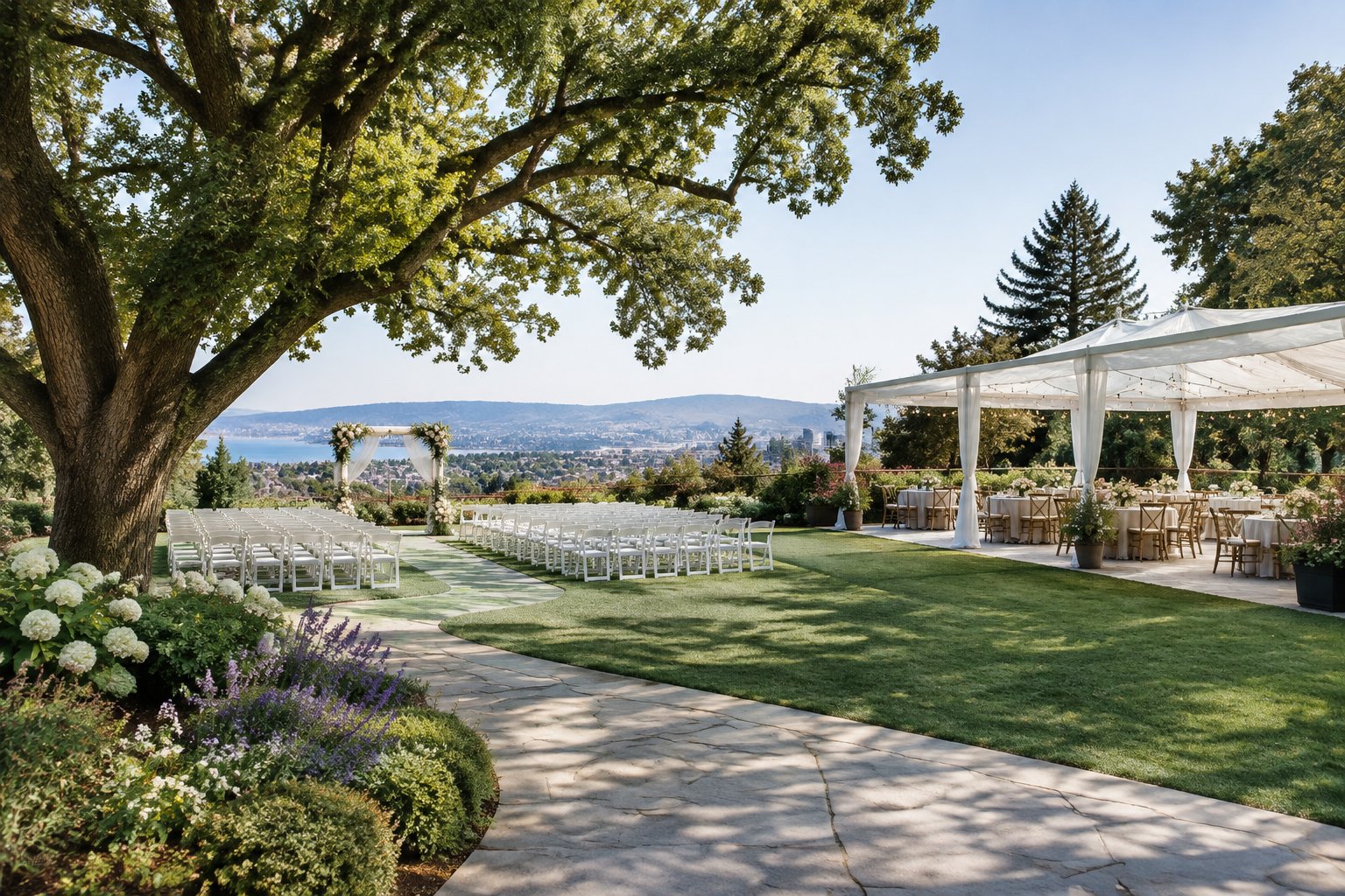 An elegant outdoor wedding ceremony setup in a lush Oakland garden with oak trees, white chairs, and floral decorations.