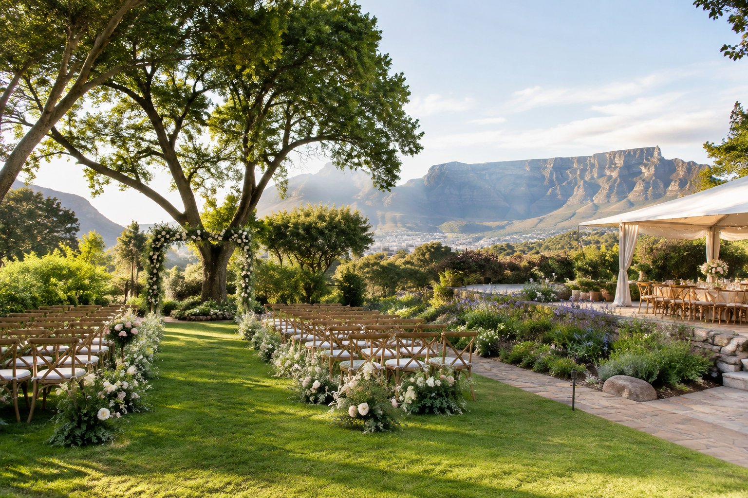 Elegant garden wedding ceremony surrounded by greenery with Table Mountain in the distance.
