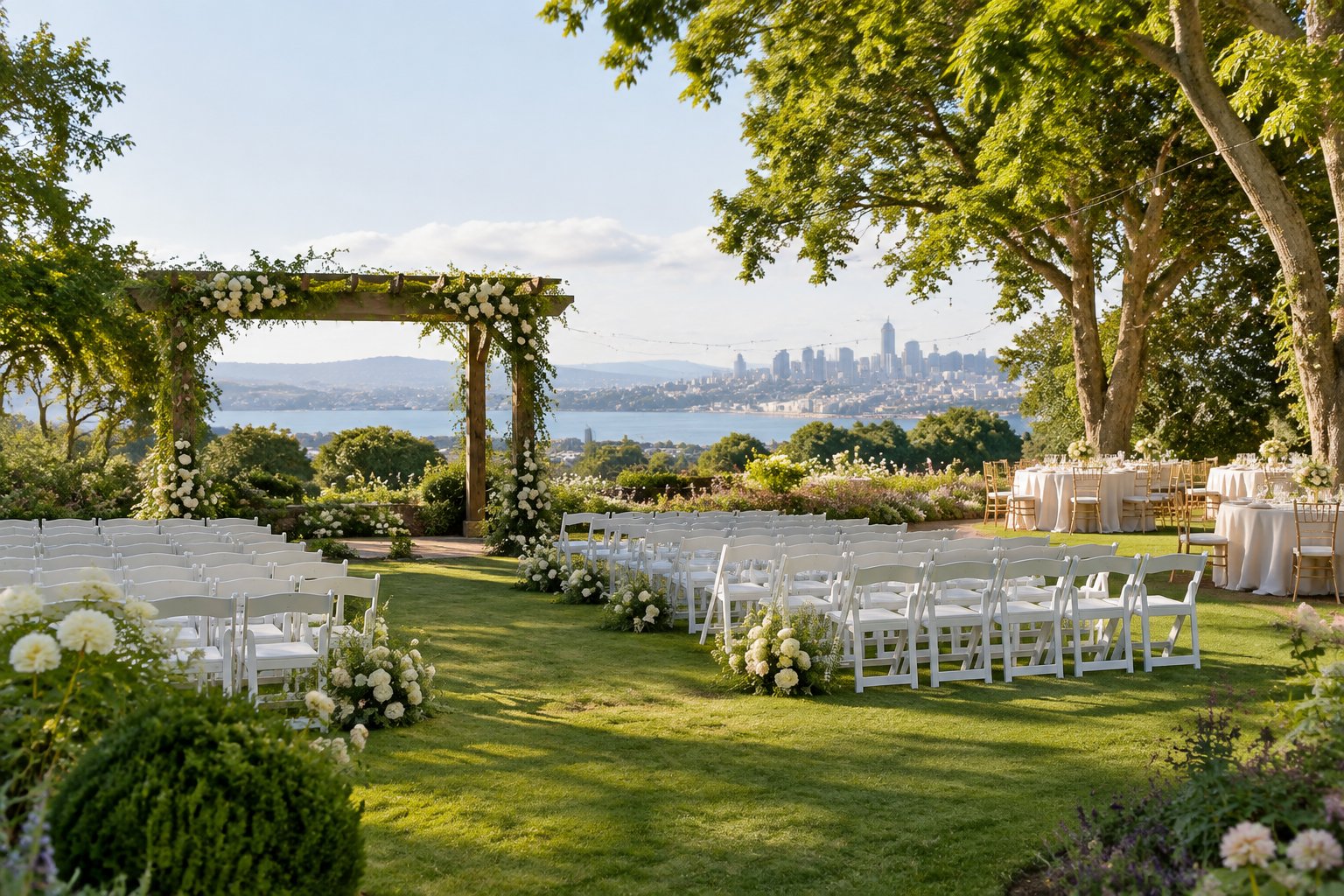 An elegant outdoor wedding ceremony setup surrounded by lush gardens and flowering plants.