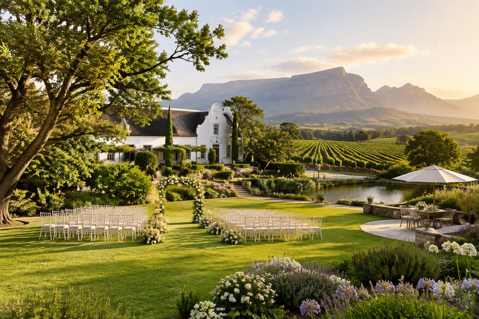 A landscaped vineyard garden with wedding chairs, a floral arch, and a Cape Winelands estate beneath mountain views.