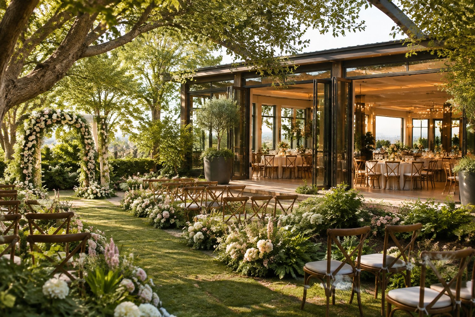 A lush garden wedding venue beside an elegant indoor reception space with decorated tables and soft lighting.