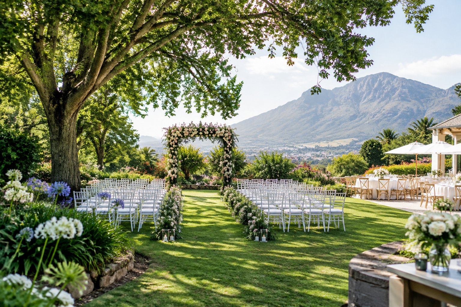 An elegant outdoor wedding ceremony set in a lush garden with flowers, trees, and distant mountains.