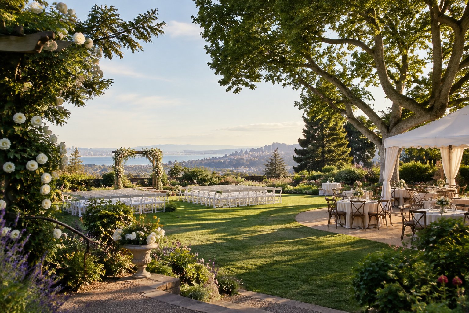 A landscaped garden wedding venue with a floral arbor, white chairs, and reception tables among mature trees and blooming plants.