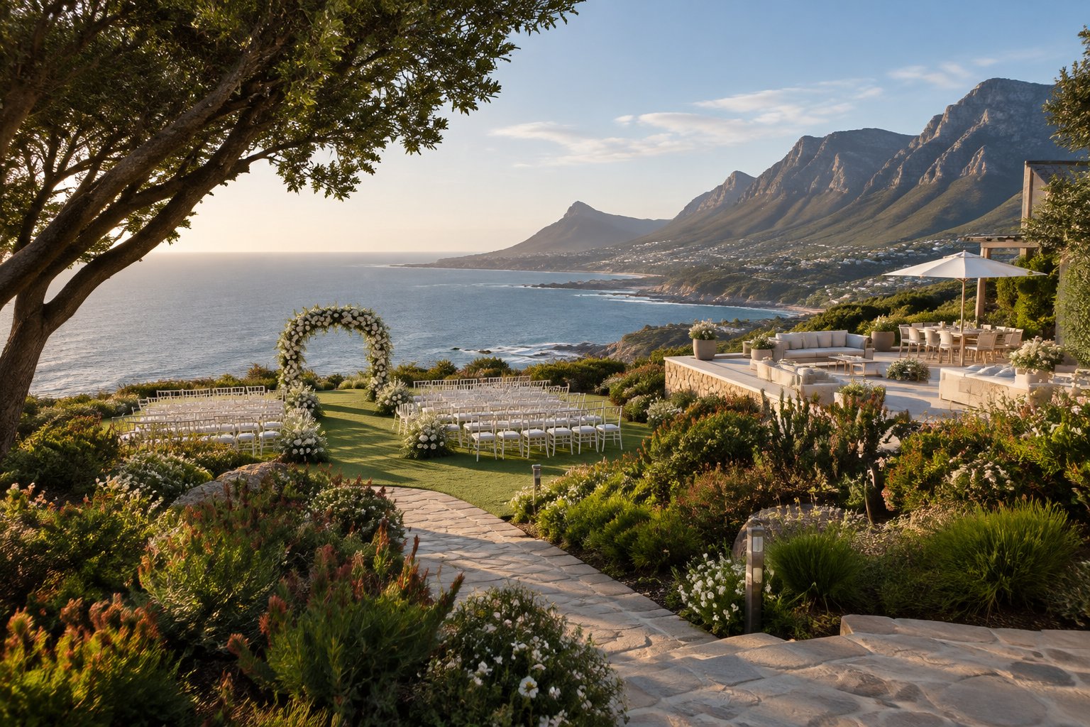 A landscaped wedding garden overlooking the ocean on the Cape Town coast.