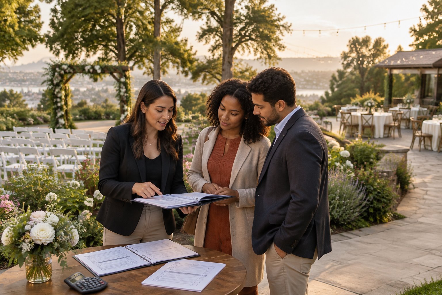 A couple and venue coordinator compare wedding package papers at a garden ceremony venue in Oakland.