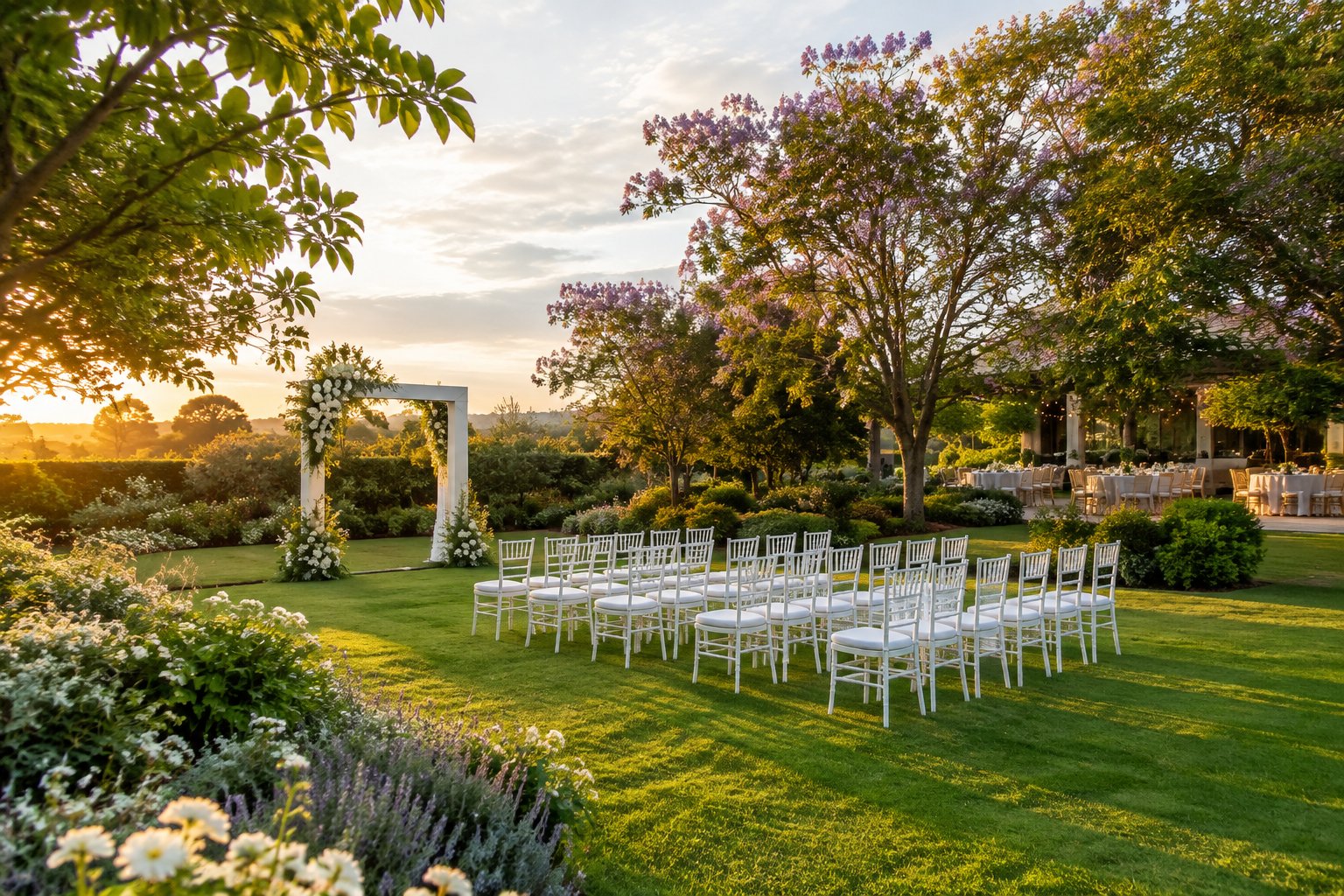 An elegant outdoor wedding ceremony setup in a lush flowering garden.