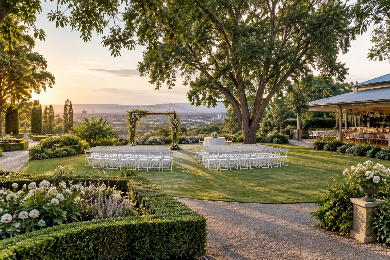An elegant garden wedding venue with multiple landscaped ceremony settings, flowering gardens, mature trees, and neatly arranged white chairs.
