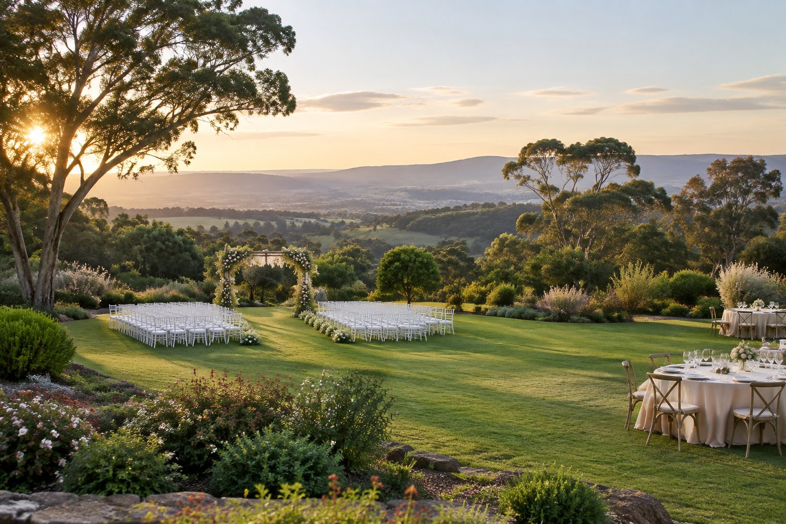 An elegant garden wedding ceremony setup on a landscaped hillside estate surrounded by trees and distant hills.
