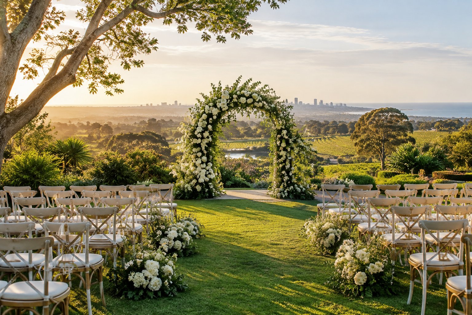 Elegant outdoor wedding ceremony setup in a lush Adelaide garden with flowers, greenery, and a distant city skyline.
